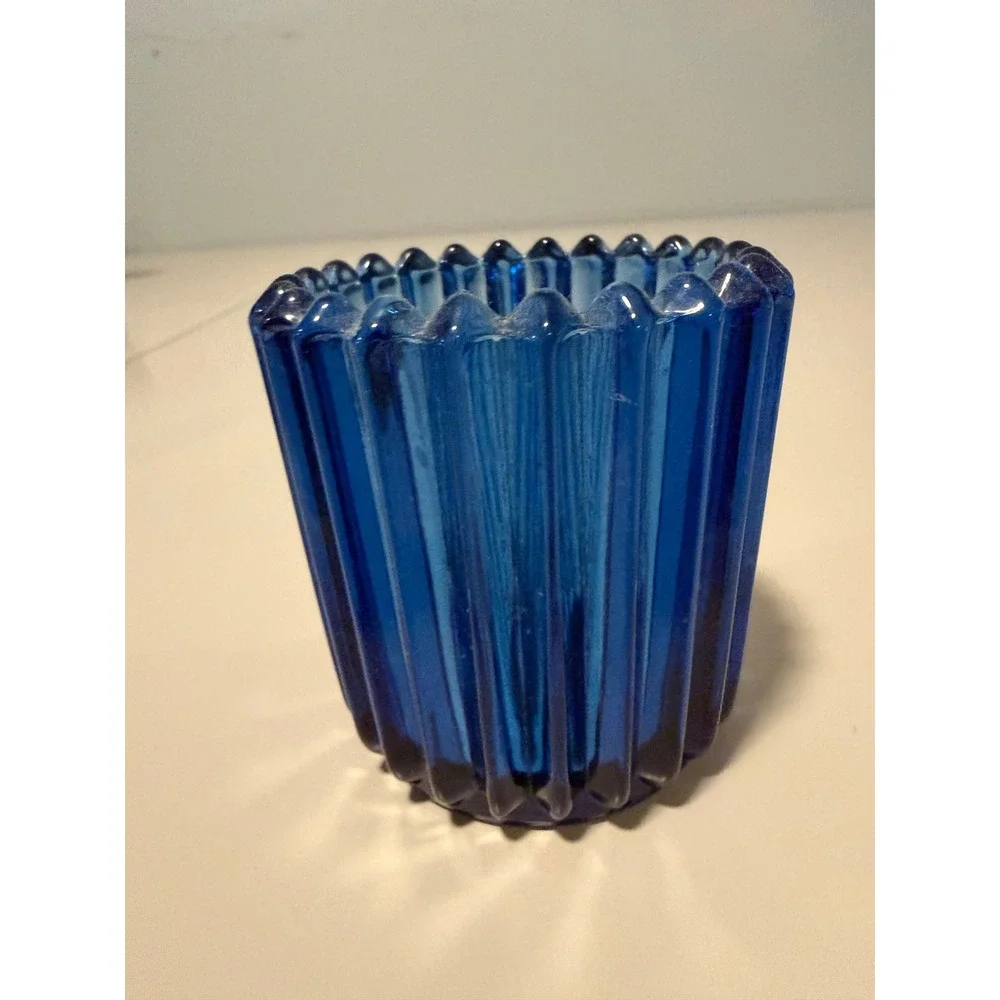 Cobalt Blue Glass Votive Candle Holder Ribbed Scalloped Rim 2.75 Inch